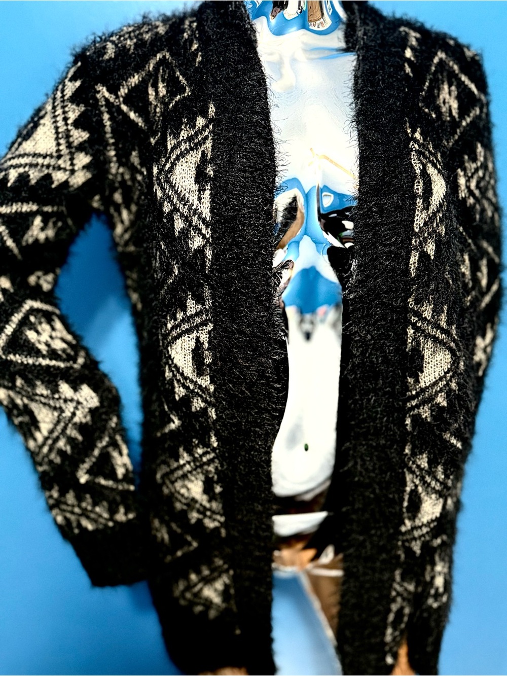 Allison Brittney Black & Cream Geometric Open-Front Cardigan